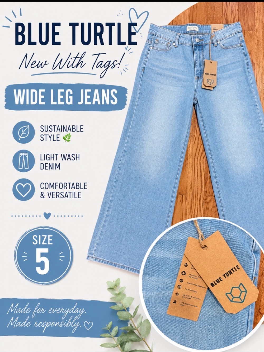 Blue Turtle Wide Leg Jeans NWT | Light Wash Denim | Size 5